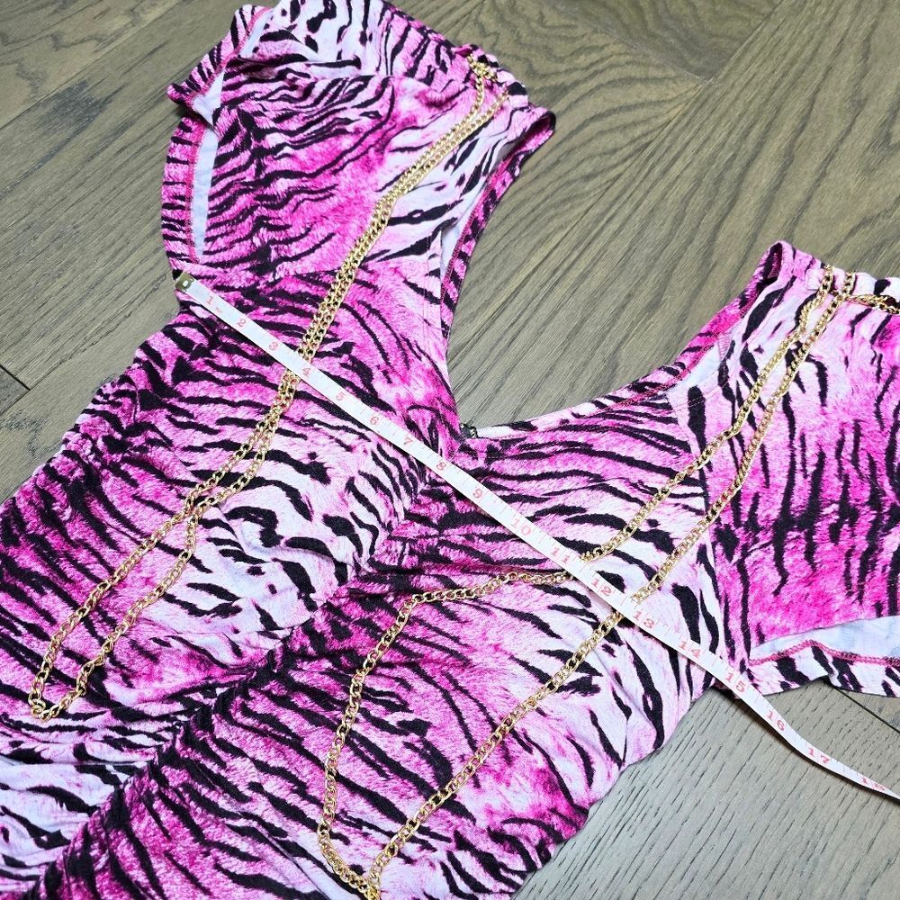 COOGI Y2K Ruched Plunge Zebra Print Mini Dress in Electric Hot Pink - Picture 14 of 16